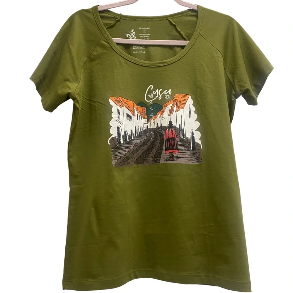 NWT XL Cuzco 100% Peruvian Cotton Olive Green Short Sleeve T-Shirt Scoop Neck - Picture 2 of 8